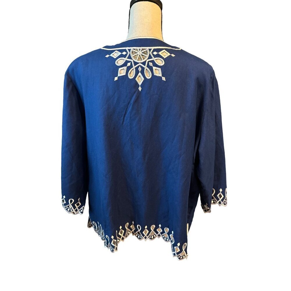 Bob Mackie Blue Linen Blend Jacket Open White Embroidered Hem & Cuffs Size 2X - Picture 4 of 6